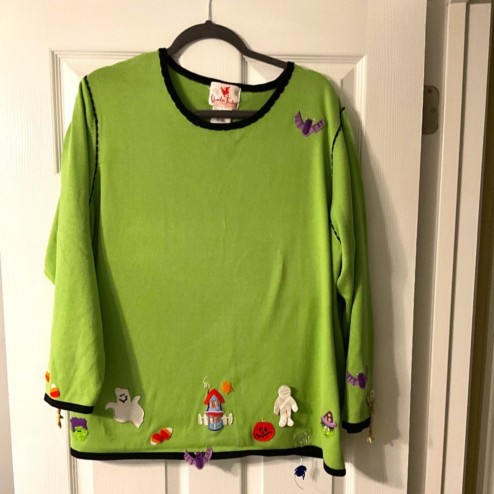 Halloween Embellished Sweater, Quacker Factory size 2x, Apple Green